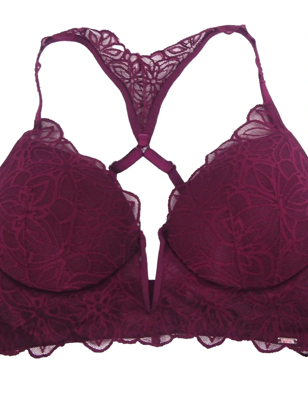 Victoria’s Secret Pink Burgundy Floral Lace V Wire Bralette XS - Picture 2 of 9